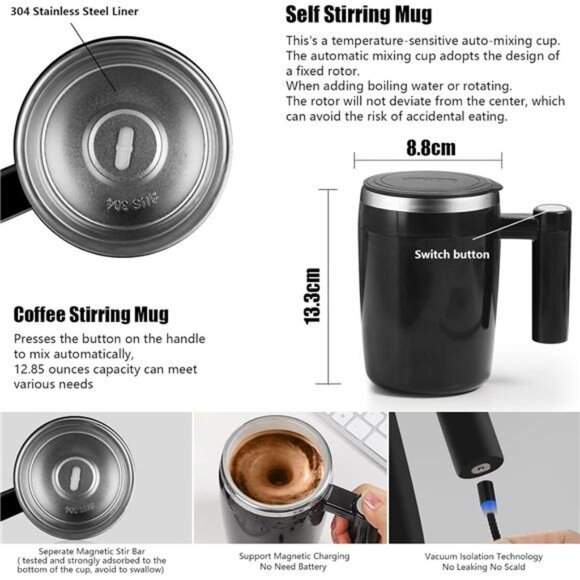 Self Stirring Mug,Rechargeable Auto Magnetic Coffee Mug with 2Pc Stir Bar - Picture 3 of 7